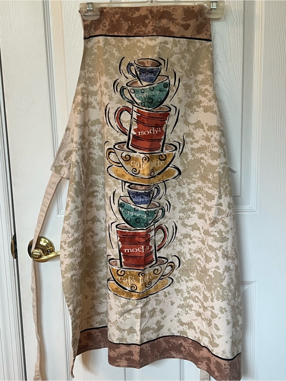 Beige Coffee Cups Kitchen Apron with Stacked Teacup Design